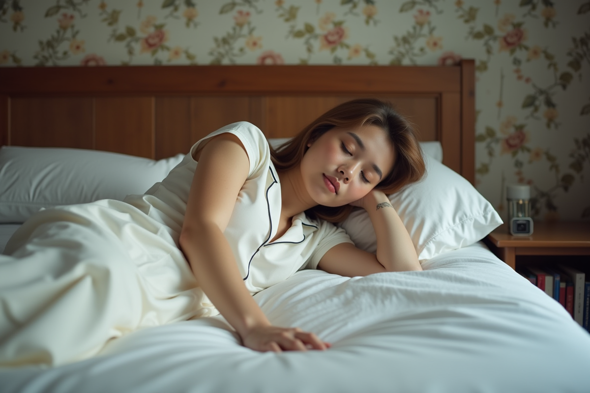 Femme endormie paisiblement dans un lit confortable