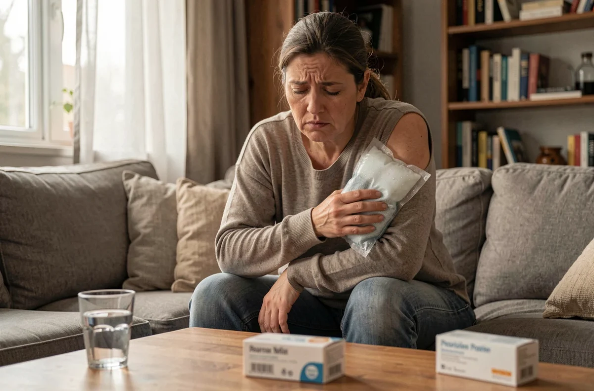 Femme appliquant une poche de glace sur l'épaule à domicile pour soulager une douleur après infiltration