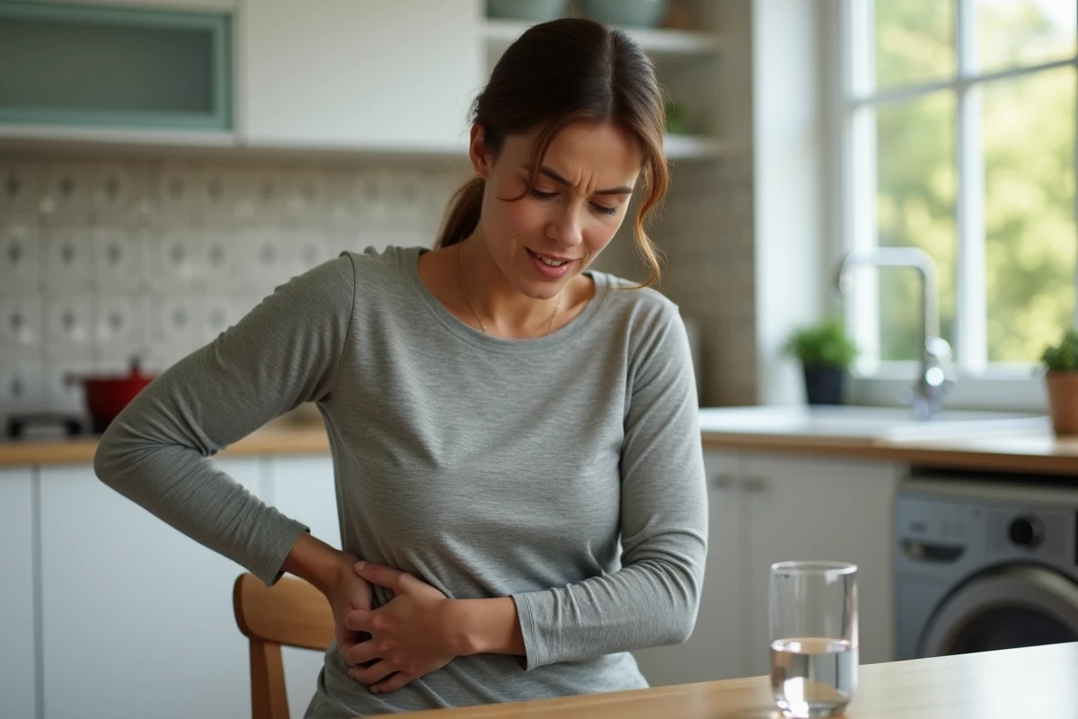Femme tenant son côté douloureux à table dans une cuisine moderne, illustrant une douleur intercostale récurrente au quotidien