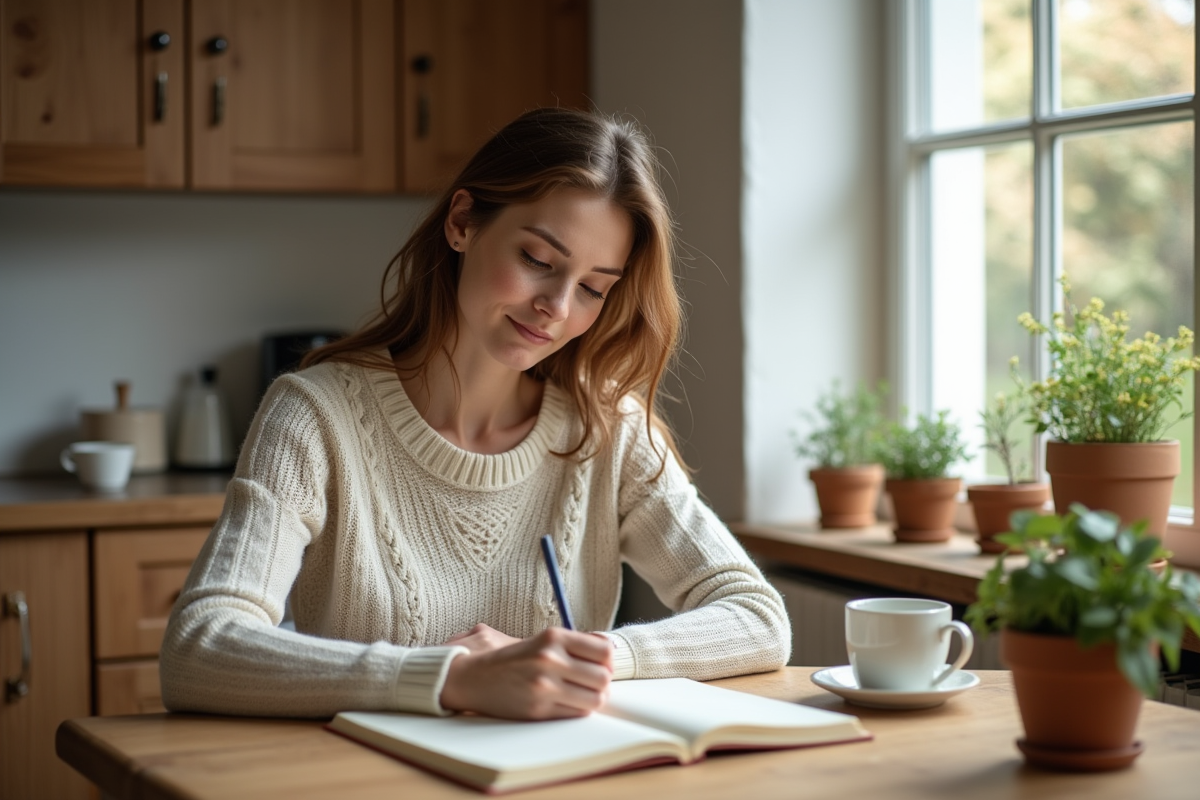 Femme écrivant dans un journal au matin dans une cuisine chaleureuse