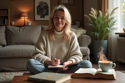 Femme m&eacute;ditant en &eacute;crivant dans son salon chaleureux