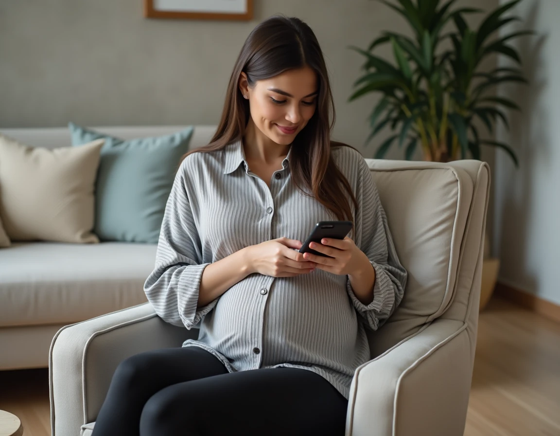 Femme enceinte utilisant une application mobile pour calculer sa date prévue d'accouchement