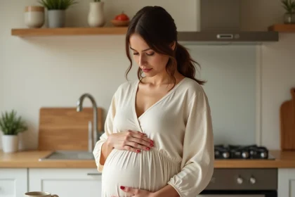 Femme enceinte consultant un calendrier pour calculer sa date prévue d'accouchement