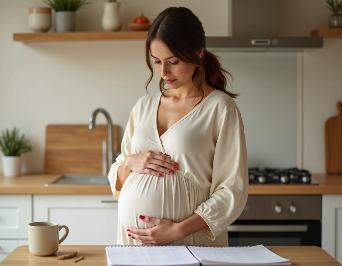 Femme enceinte consultant un calendrier pour calculer sa date prévue d'accouchement