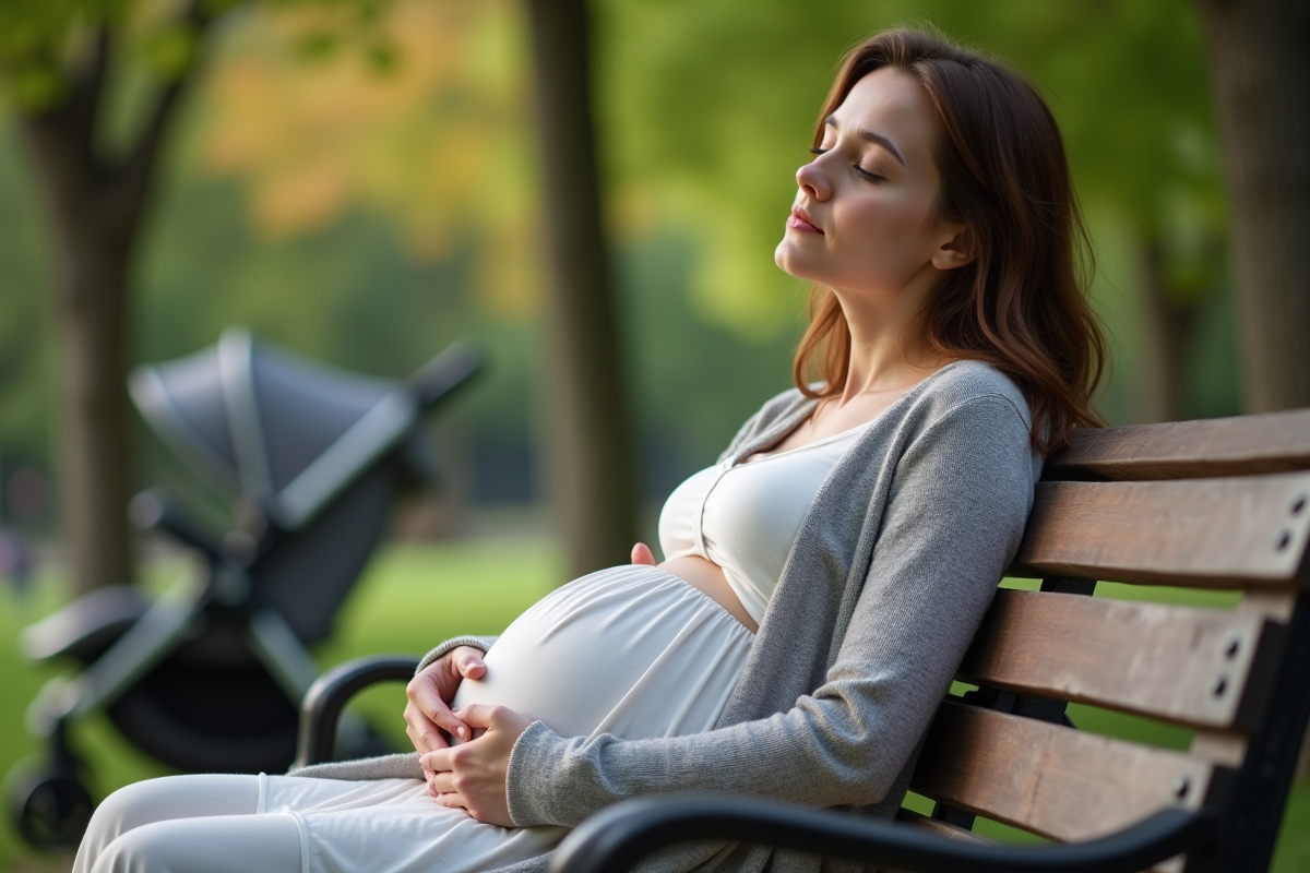 Jeune femme enceinte assise dans un parc en journée