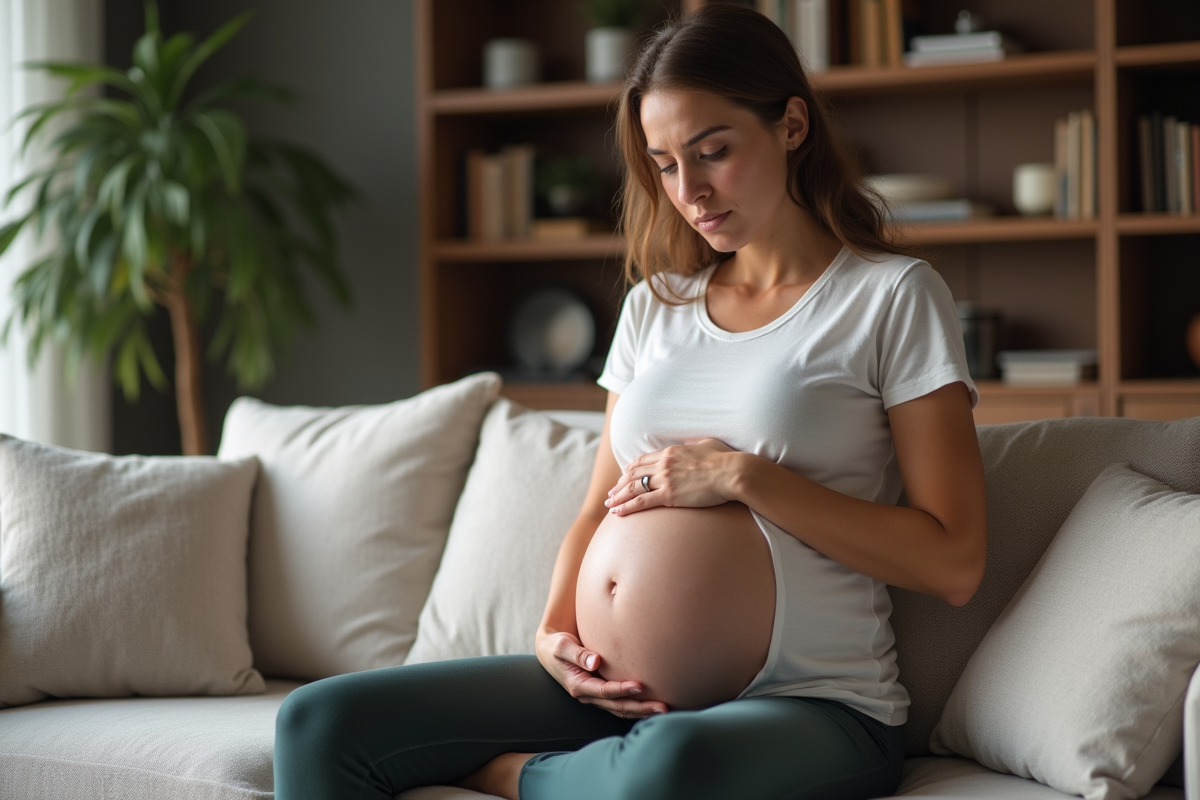 Femme enceinte assise sur un canapé dans un salon cosy