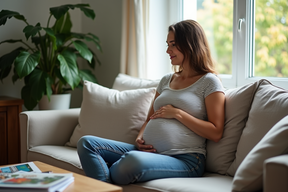 Femme enceinte assise sur un canapé à la maison