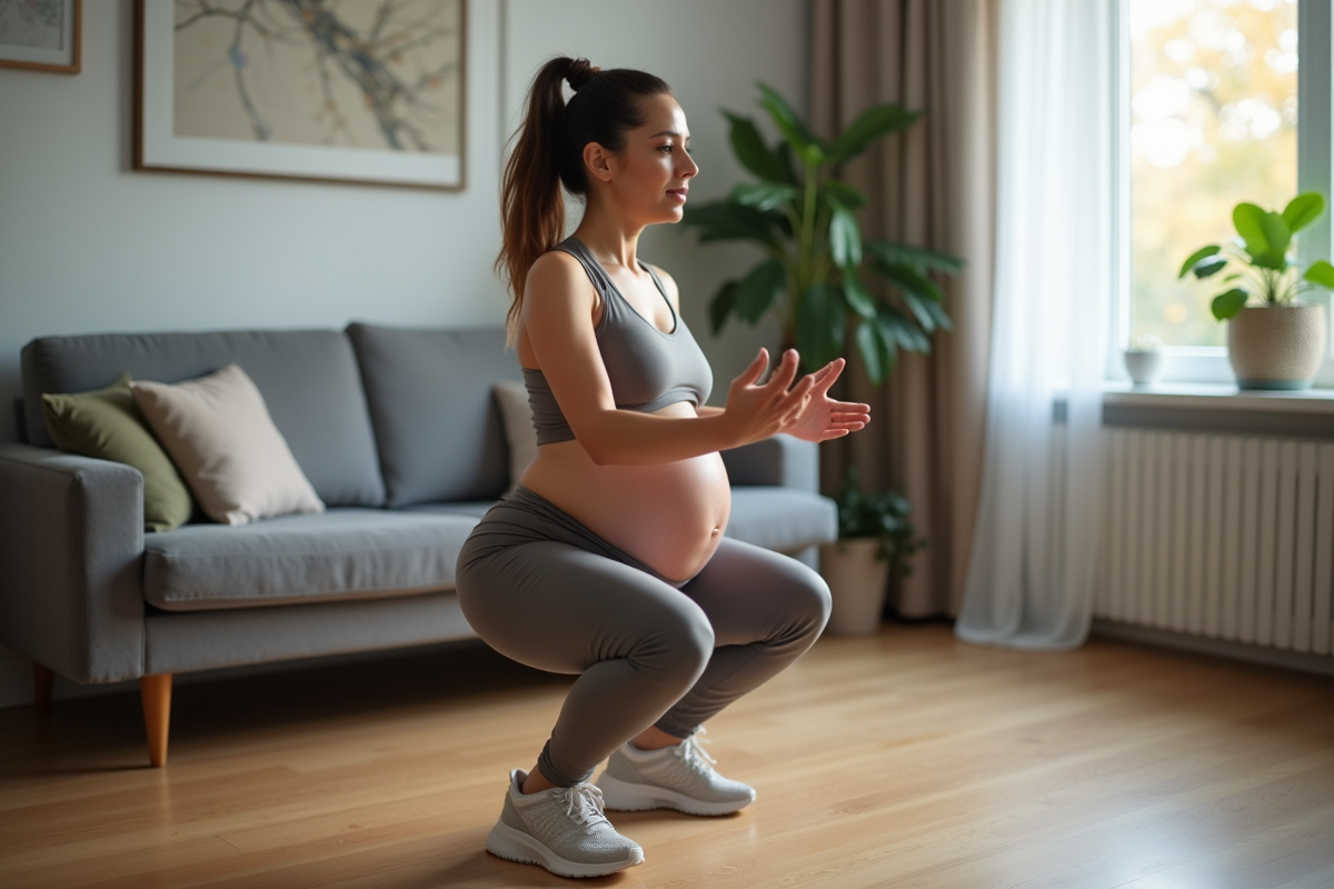 Femme enceinte faisant des squats dans son salon