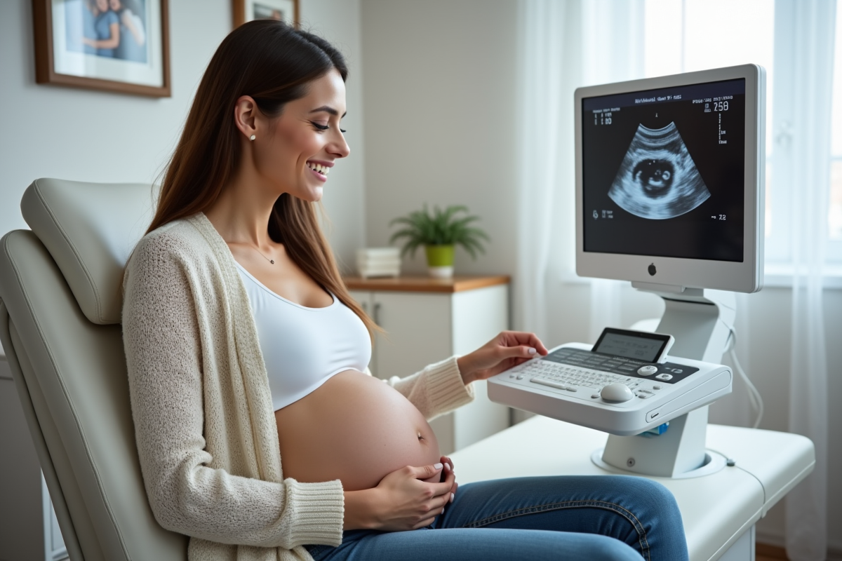 Femme enceinte souriante regardant l'ultrasons dans une clinique