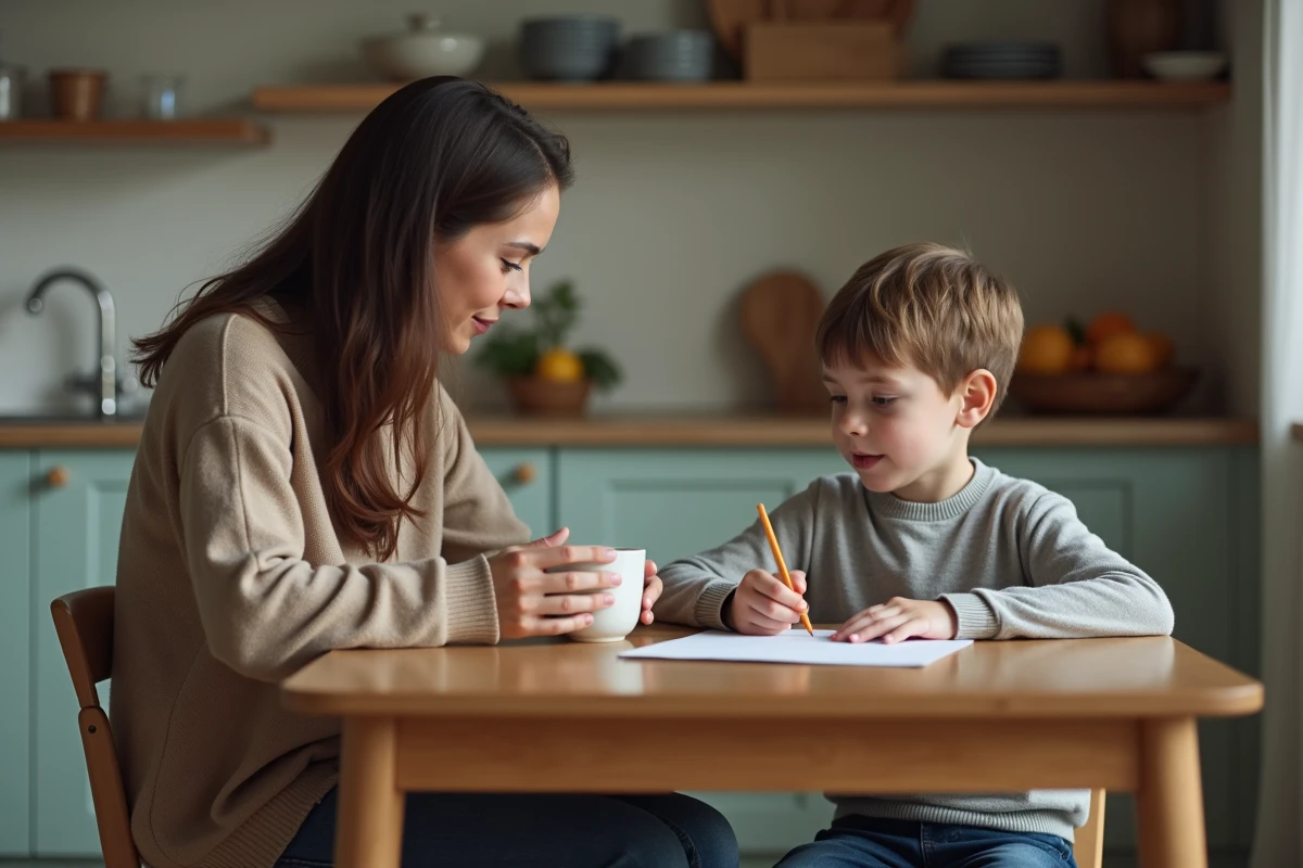 Femme et enfant dessinant à la cuisine chaleureuse