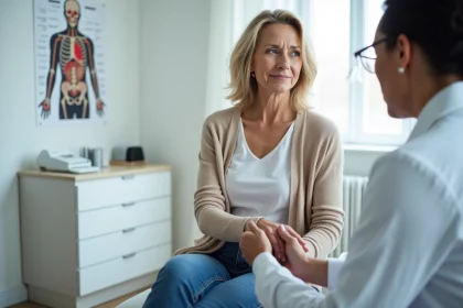 Femme d'&acirc;ge moyen lors d'un examen m&eacute;dical en cabinet