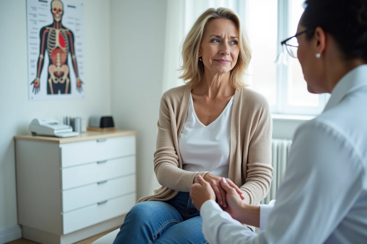 Femme d'&acirc;ge moyen lors d'un examen m&eacute;dical en cabinet