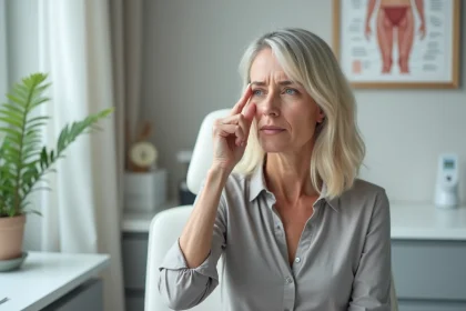 Femme d'âge mûr examinant une tache sur son nez dans un cabinet de dermatologie