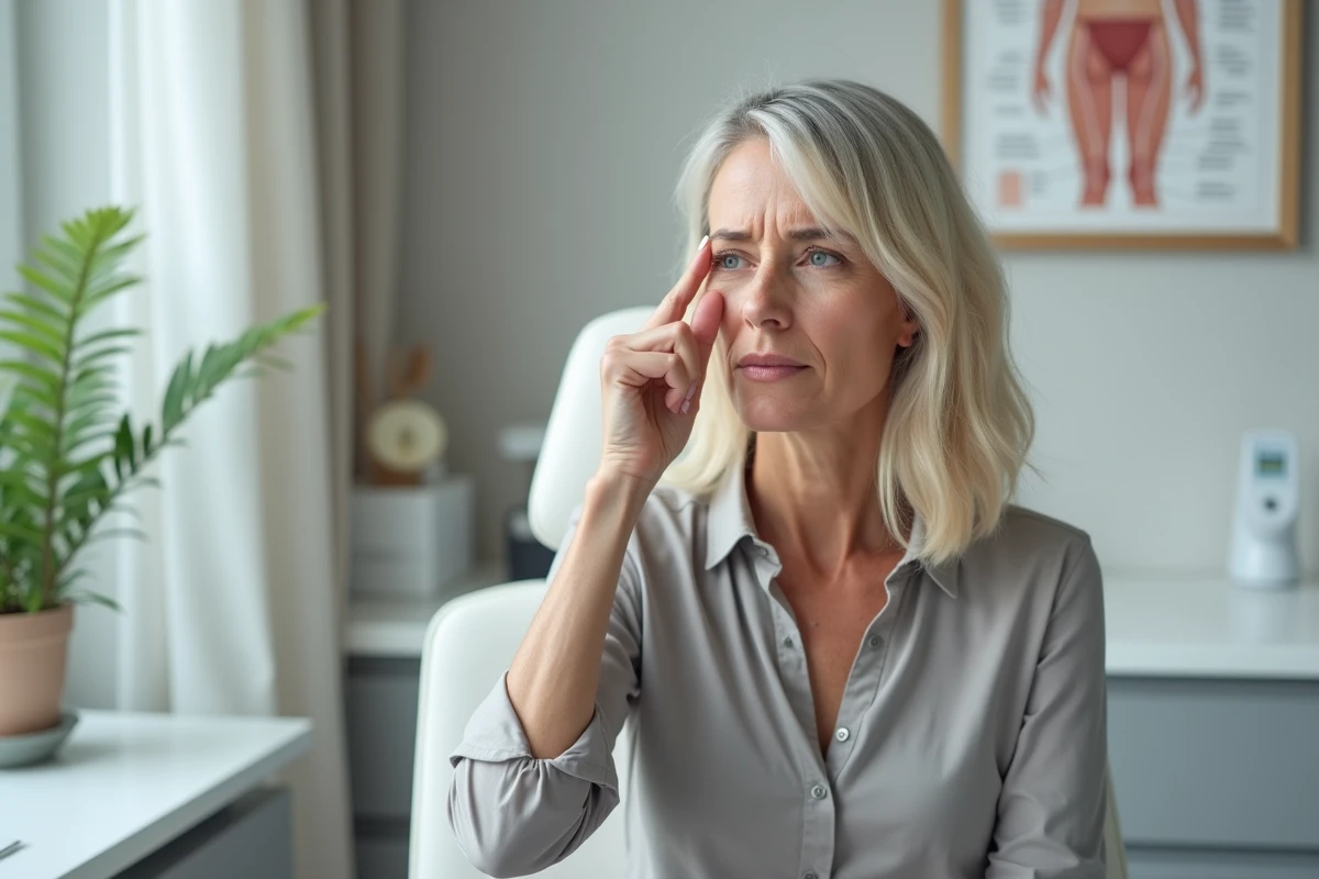 Femme d'âge mûr examinant une tache sur son nez dans un cabinet de dermatologie