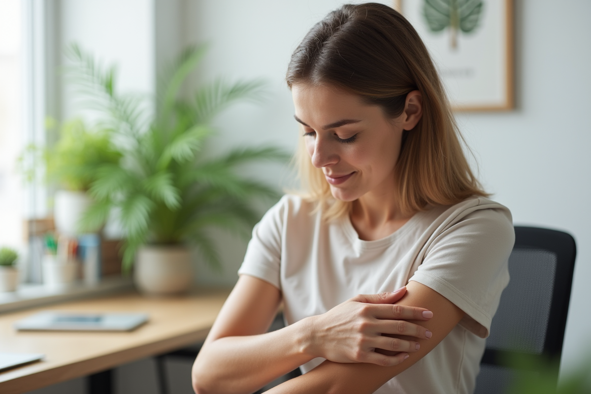 Femme examinant une tache de naissance sur son bras