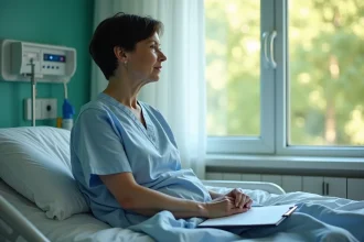 Femme d'âge moyen dans une chambre d'hôpital hemato regardant par la fenêtre
