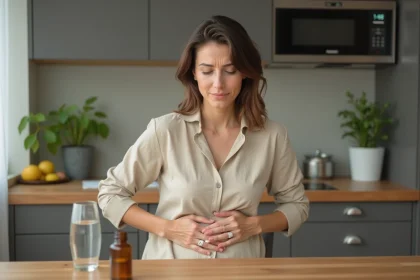 Femme ressentant une digestion lourde et un inconfort abdominal à la maison avec un complément digestif sur la table