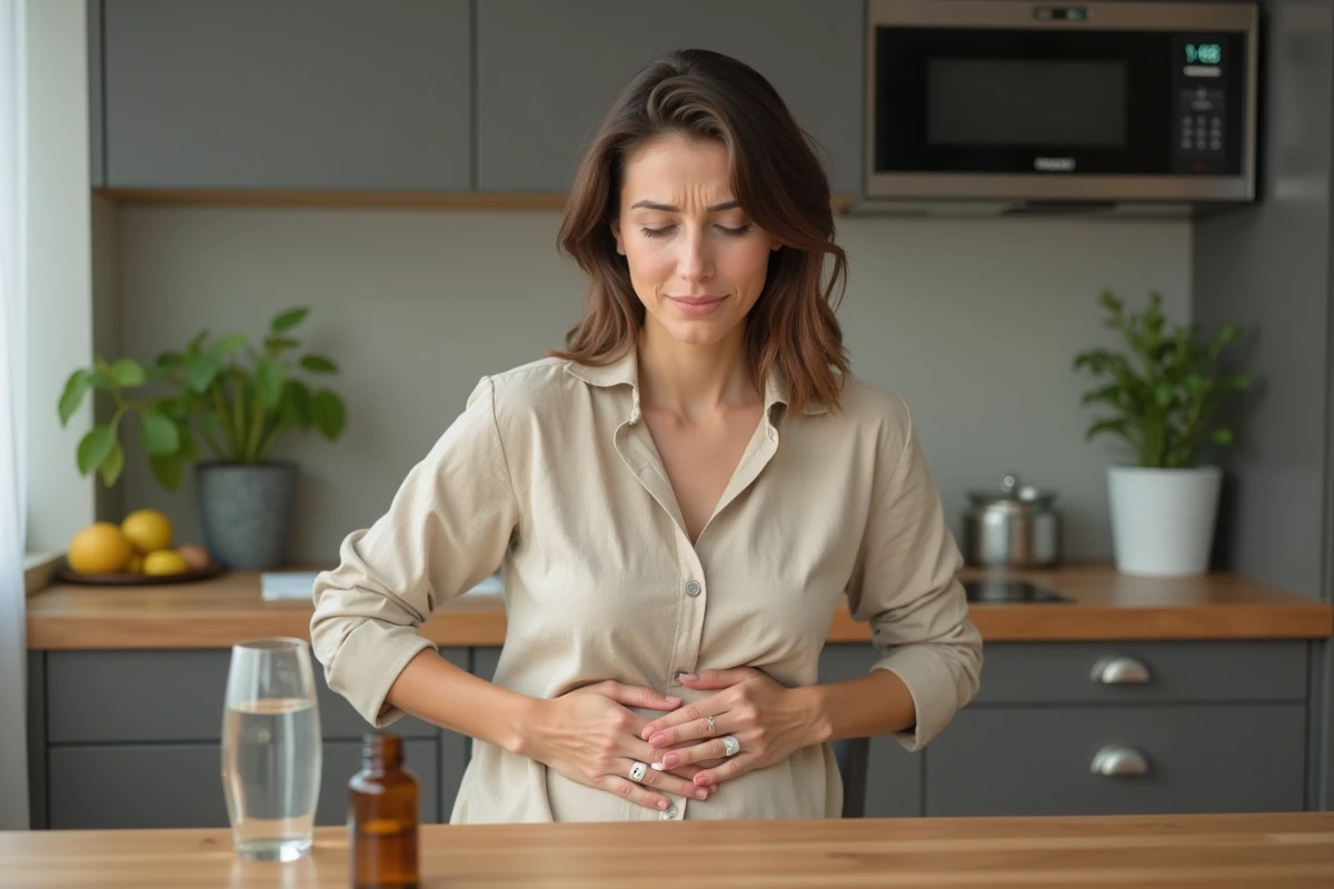 Femme ressentant une digestion lourde et un inconfort abdominal à la maison avec un complément digestif sur la table