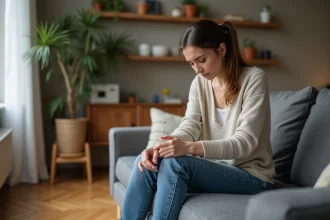 Femme inquiète examine son bras dans un salon cosy