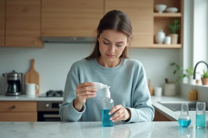 Femme remplissant une bouteille d'irrigation nasale dans la cuisine