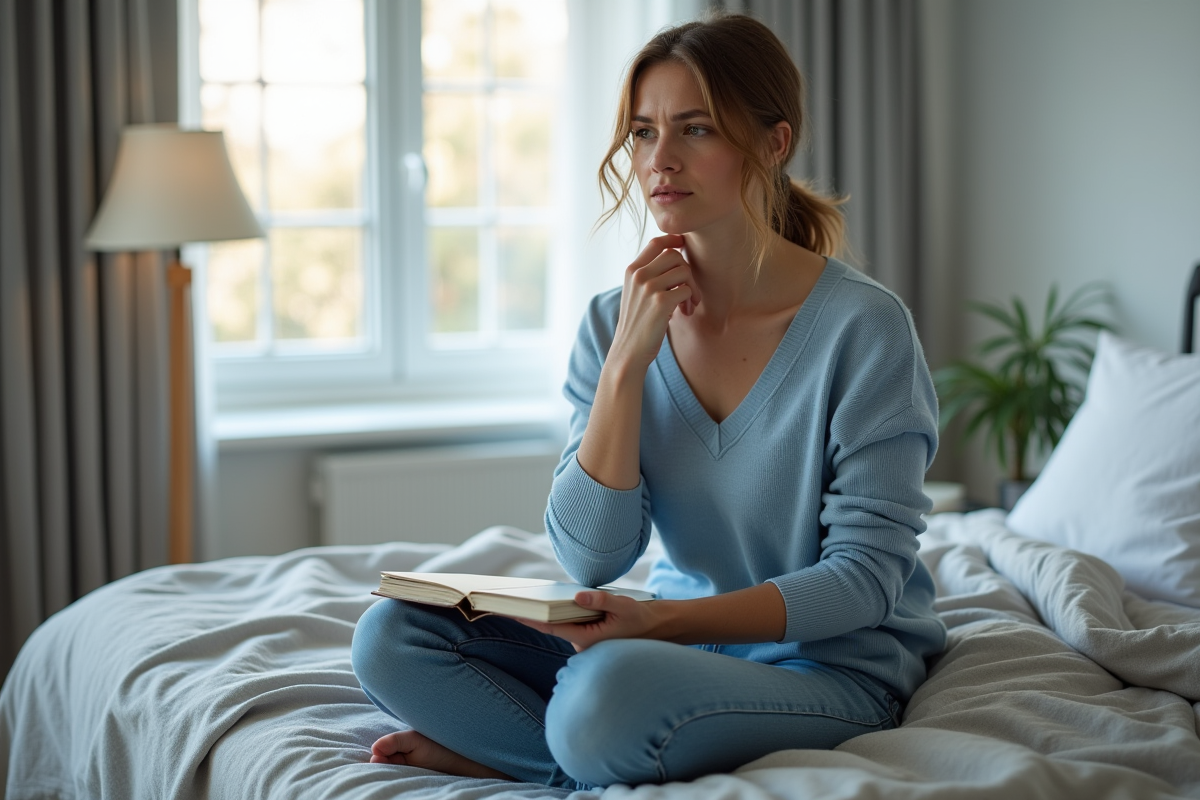 Femme en sweater bleu tenant un journal dans une chambre moderne