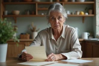 Femme moyenne age lisant des lettres anciennes dans la cuisine