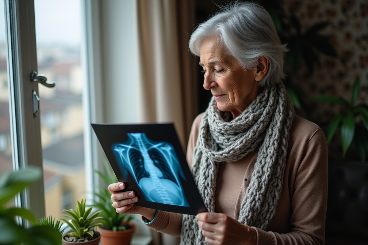 Femme âgée examinant une radiographie pulmonaire dans son appartement