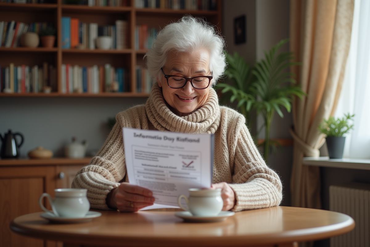 Femme âgée lisant une brochure sur la vaccination à la maison