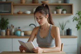 Femme en cuisine lisant un leaflet produit avec scepticisme