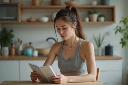 Femme en cuisine lisant un leaflet produit avec scepticisme