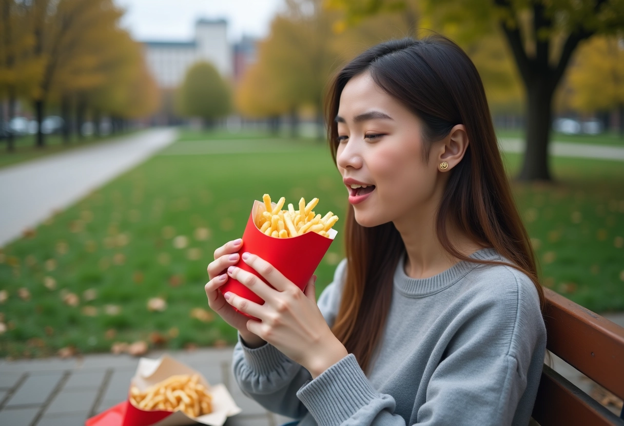 Jeune femme mangeant un burger dans un parc urbain en été
