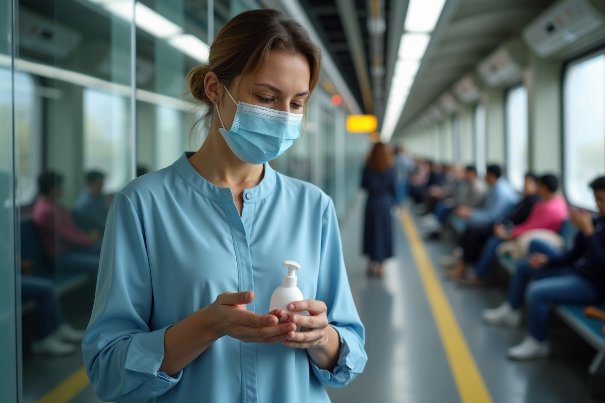 Femme portant un masque appliquant du gel désinfectant dans une station de métro