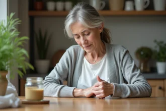 Femme de 50 ans se massant le genou avec phytargile