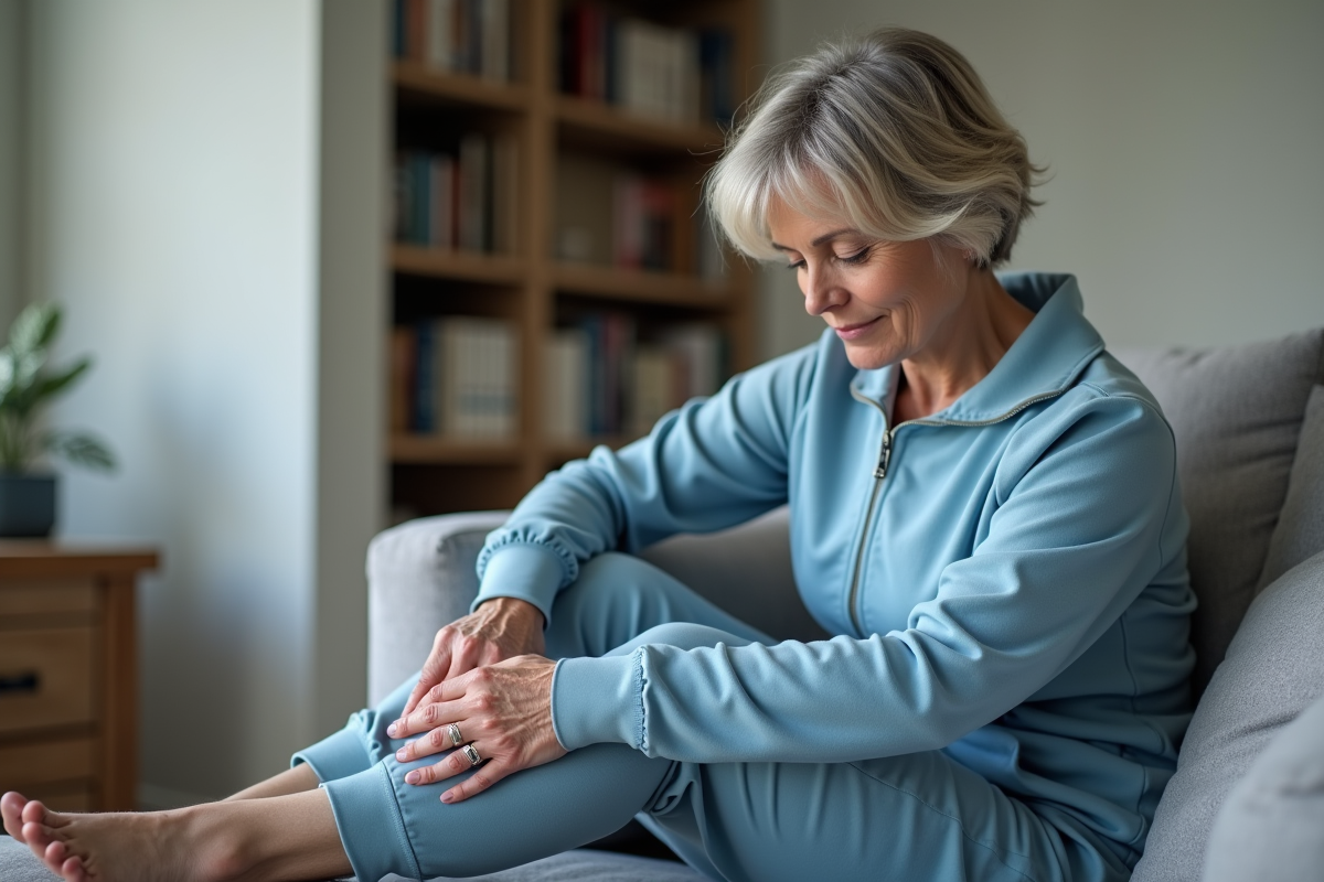 Femme d'âge moyen se massant la jambe dans un salon moderne