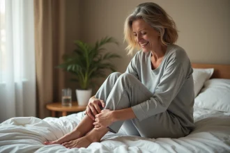 Femme massant ses mollets la nuit pour soulager la douleur des jambes naturellement