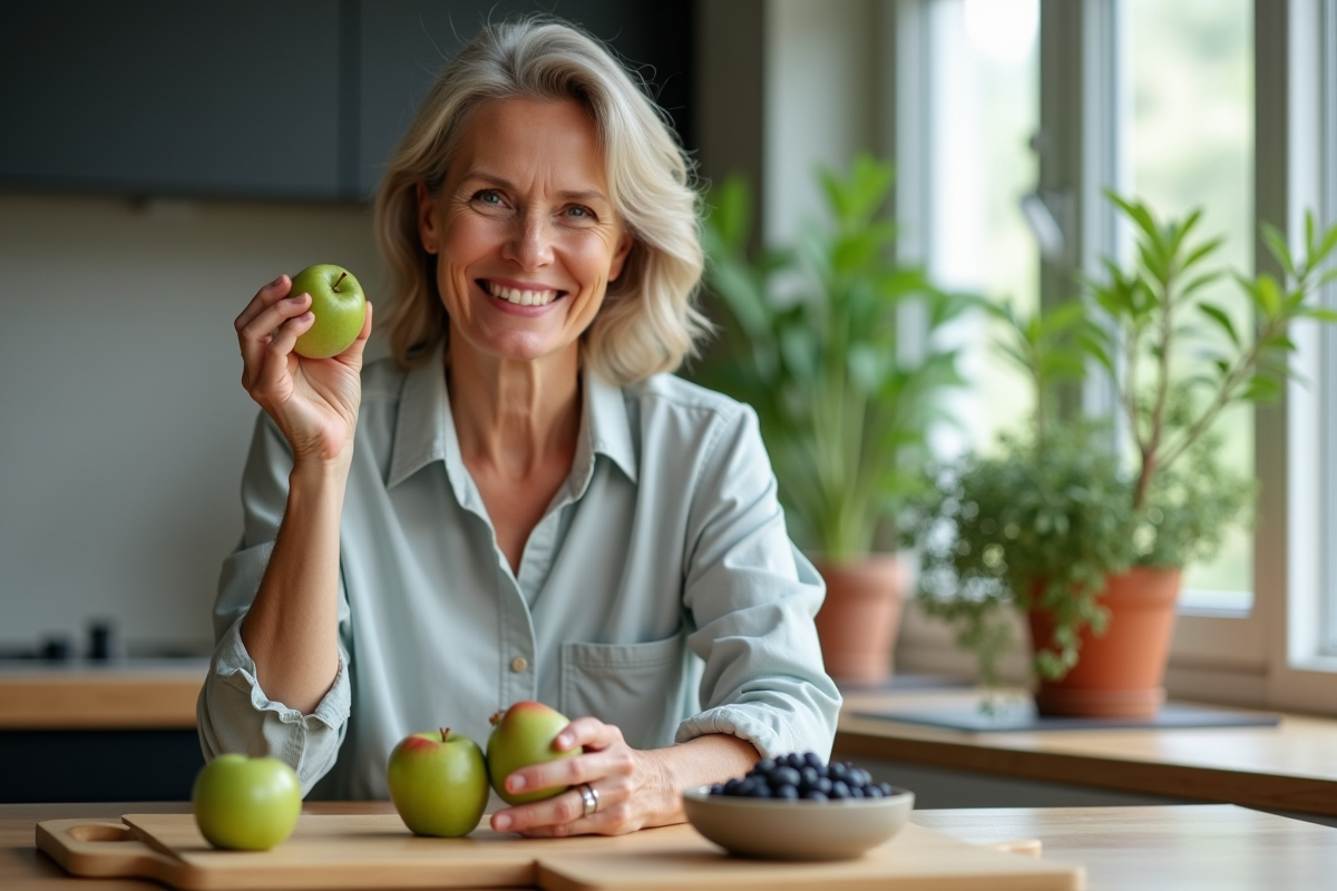 Femme souriante tenant une pomme verte dans une cuisine moderne