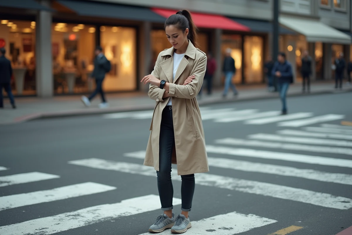 Jeune femme en manteau beige consultant sa montre connectée à un passage piéton pour suivre ses kilomètres parcourus