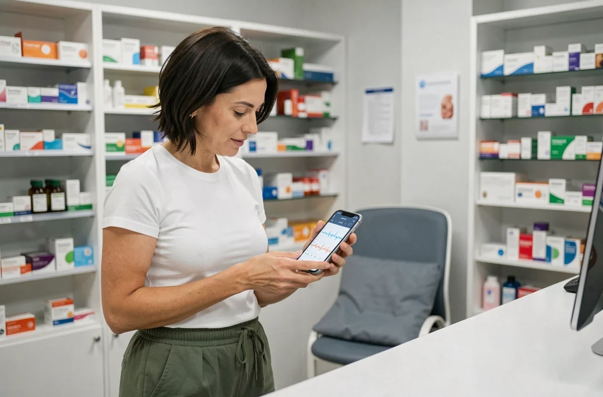 Femme montrant les données de son application de suivi du diabète sur smartphone à une pharmacienne dans une pharmacie moderne