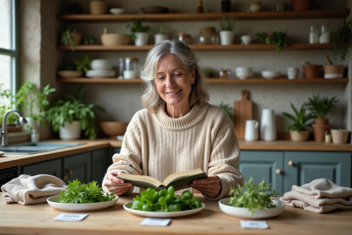 Femme lisant un guide botanique avec des feuilles fraîches