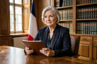 Portrait d'une femme politique française distinguée aux cheveux argentés assise dans une salle institutionnelle, illustrant un article sur Elisabeth Guigou et l'annonce de sa maladie