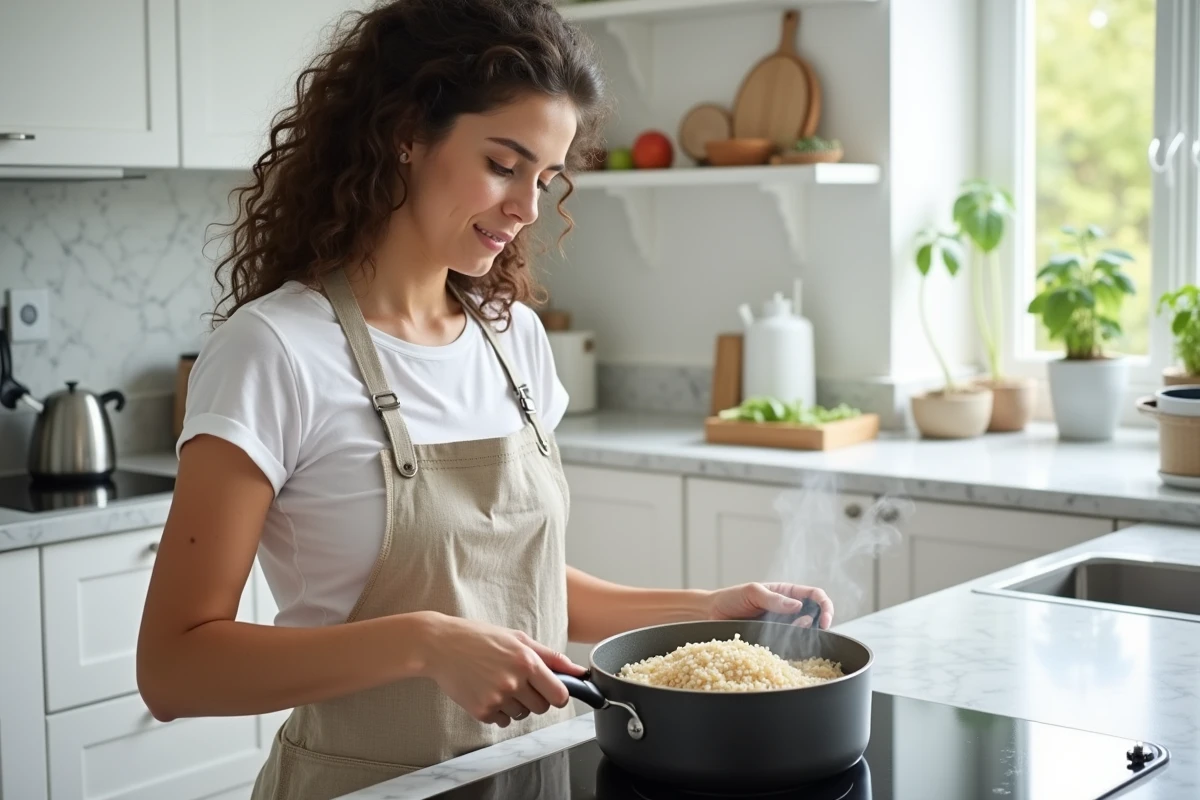 Jeune femme préparant du riz complet dans une cuisine moderne, symbolisant une alimentation saine et les bienfaits du riz pour le microbiote intestinal