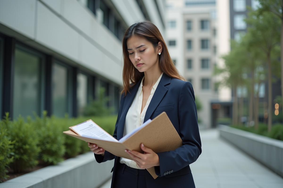 Jeune femme professionnelle lisant un rapport avec un accessoire hemp