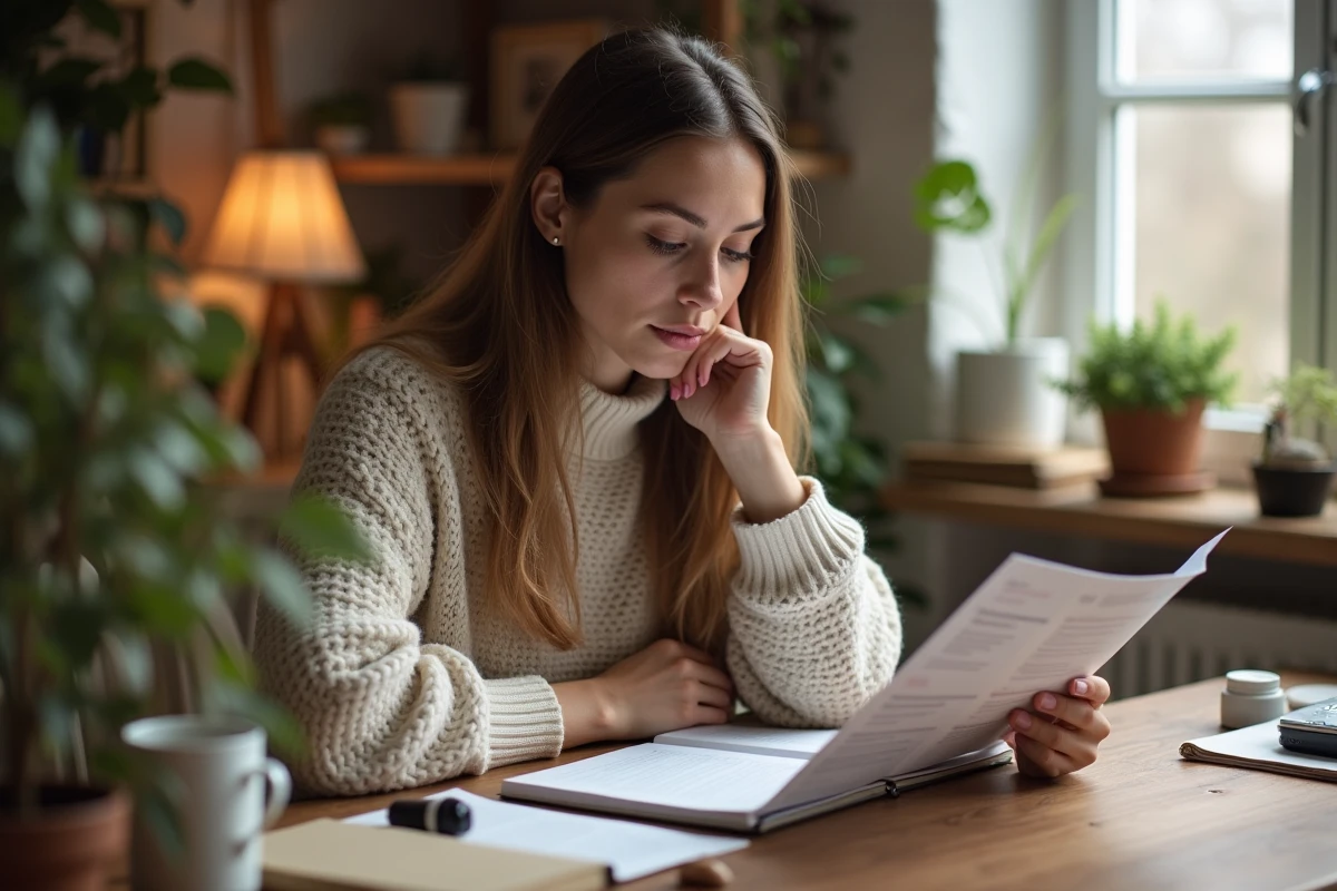 Femme consultant une documentation sur Alviona pour évaluer son efficacité dans un programme de perte de poids durable
