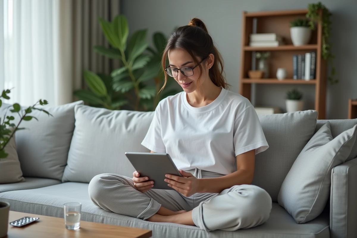 Femme consultant des informations sur le traitement des démangeaisons intimes sur une tablette à la maison