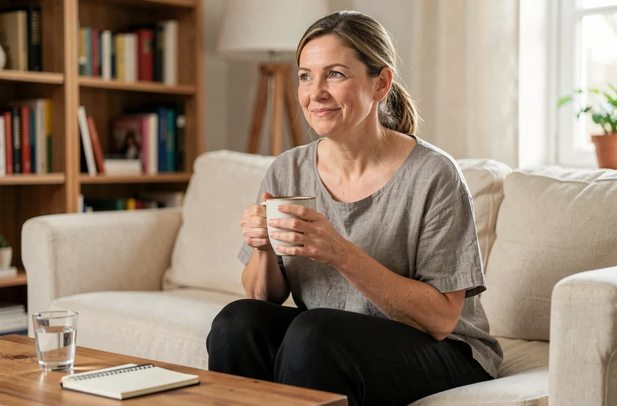 Femme en convalescence chez elle après une chirurgie ovarienne, assise sur un canapé avec une tasse de thé