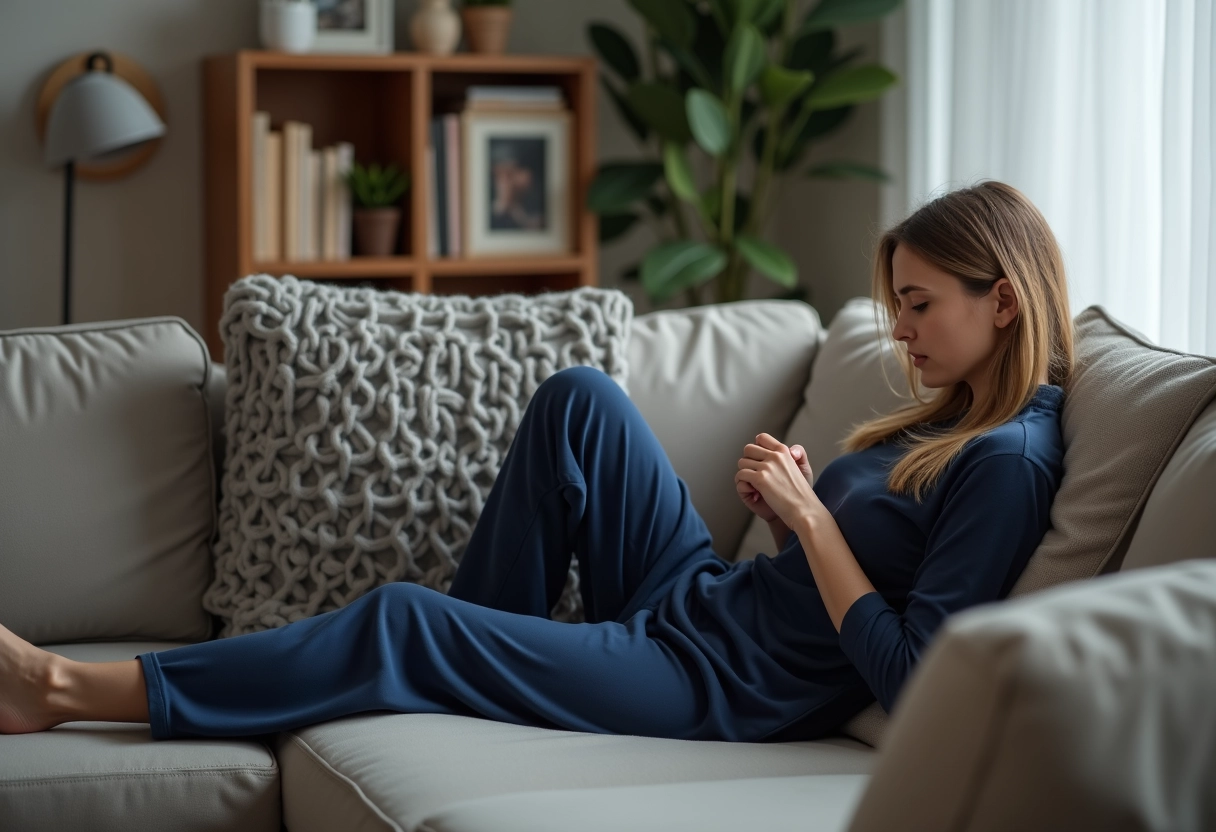 Jeune femme se relaxant sur le canapé en soirée