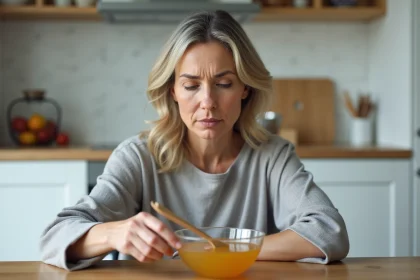 Femme préparant un repas liquide dans le cadre d'un régime préparatoire à une coloscopie, avec un bouillon clair et un verre d'eau sur une table de cuisine moderne