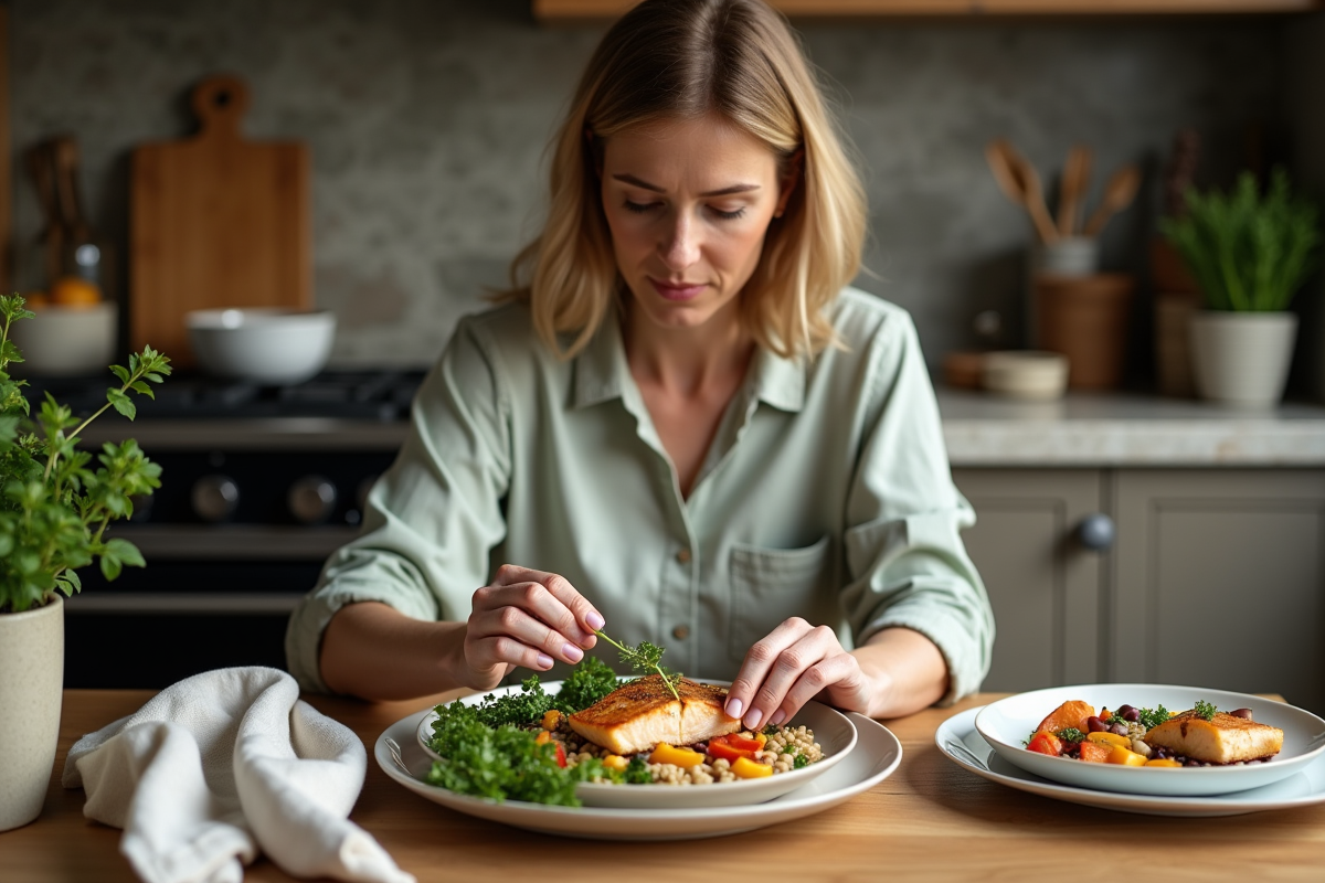Femme d'âge moyen préparant un plat sain dans une cuisine chaleureuse