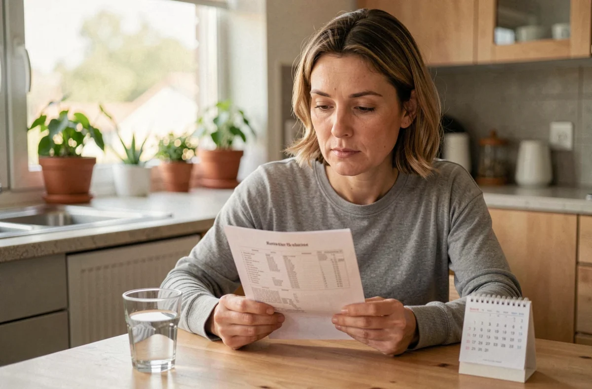 Femme consultant ses résultats d'analyse CDT à domicile après sevrage alcoolique
