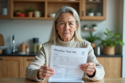 Femme d'&acirc;ge moyen examine un rapport de test dans une cuisine lumineuse